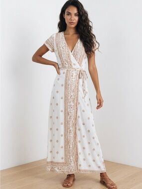 Wrap Short Sleeve Front Slit Long Maxi Dress